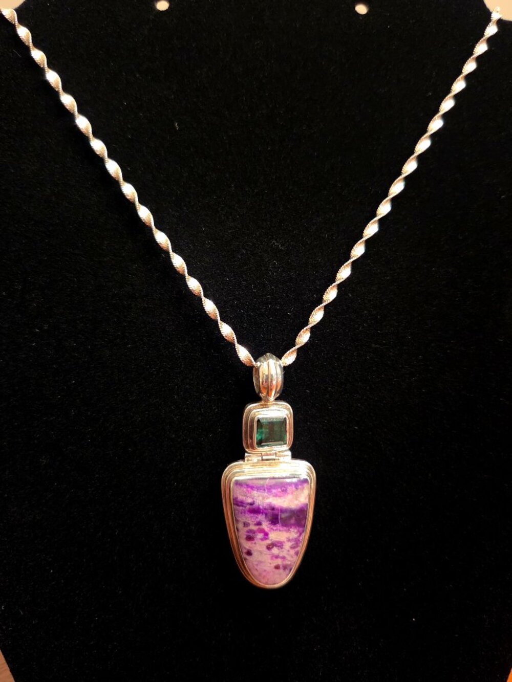 925 Sterling Sugilite Statement Pendant Necklace on 22" Singapore Twist Chain